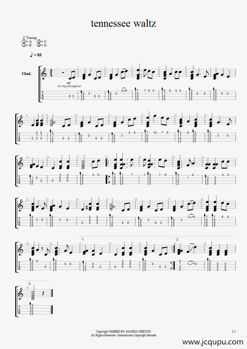 TENNESSEE WALTZ（田纳西的华尔滋）（尤克里里指弹独奏）简谱