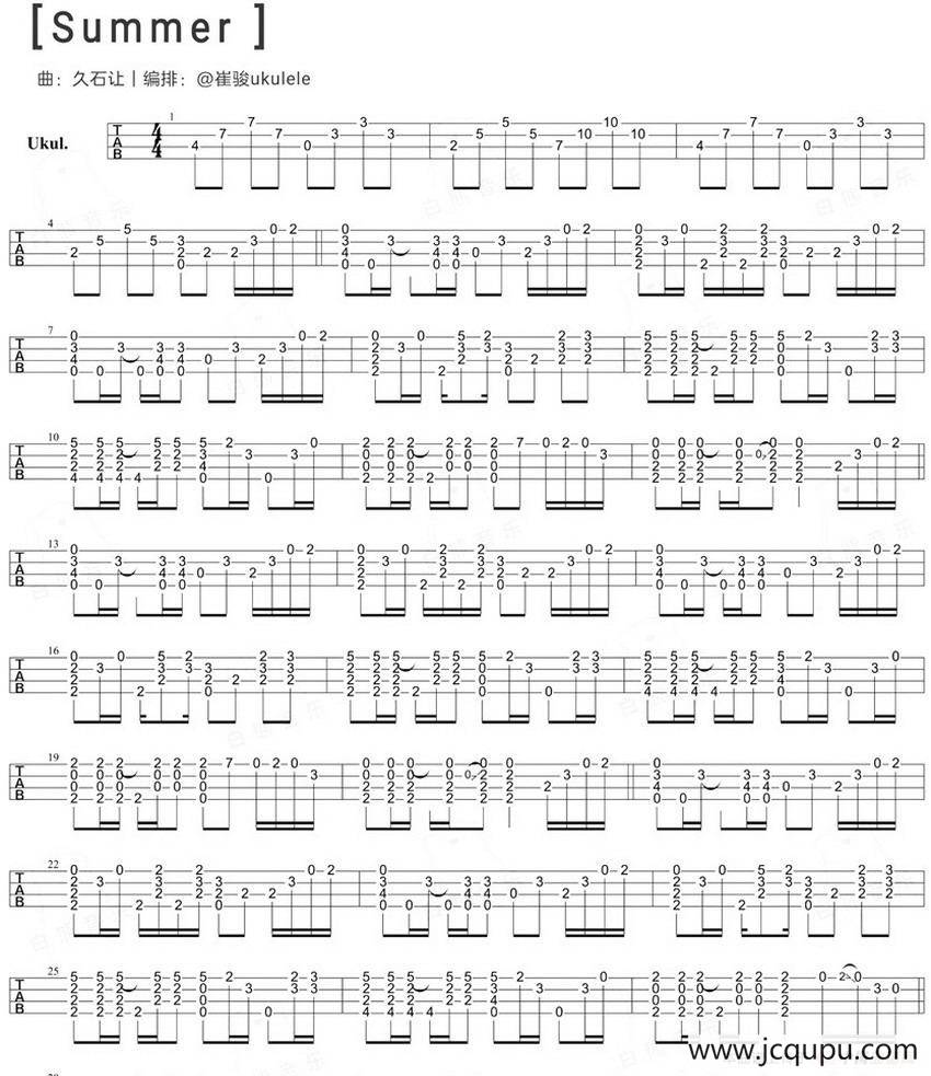 Summer（尤克里里指弹谱）简谱