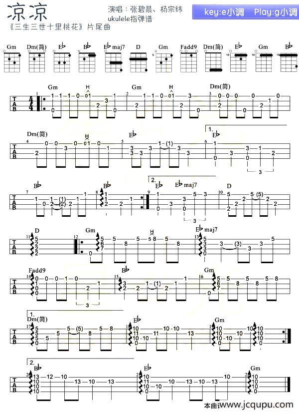 凉凉（尤克里里指弹谱）简谱