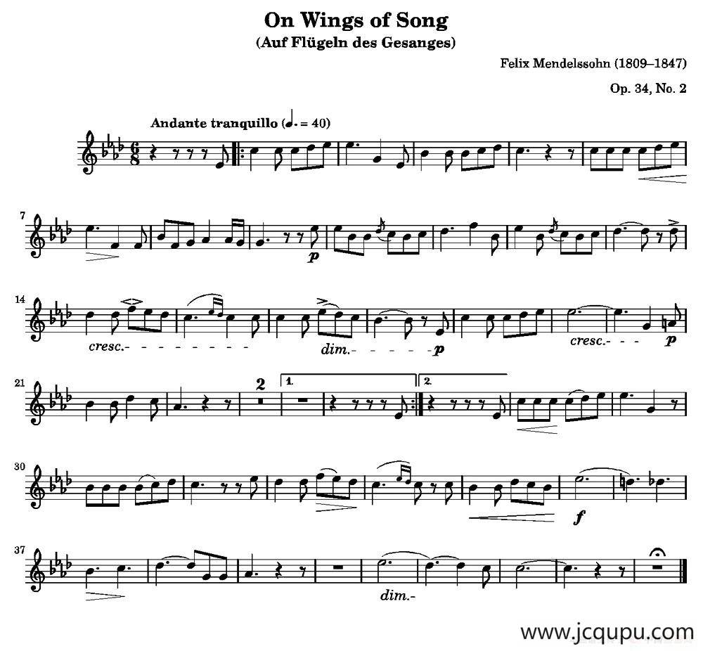 On Wings of Song（Op. 34, No. 2）简谱