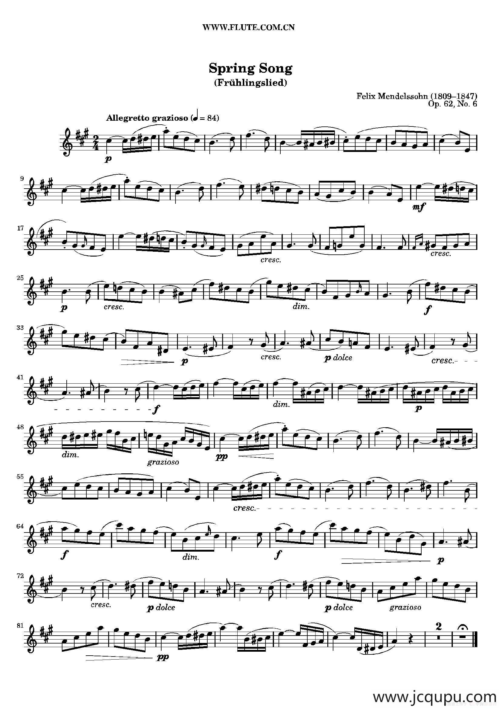 春之歌（Spring Song）作品62 （长笛+钢琴）简谱