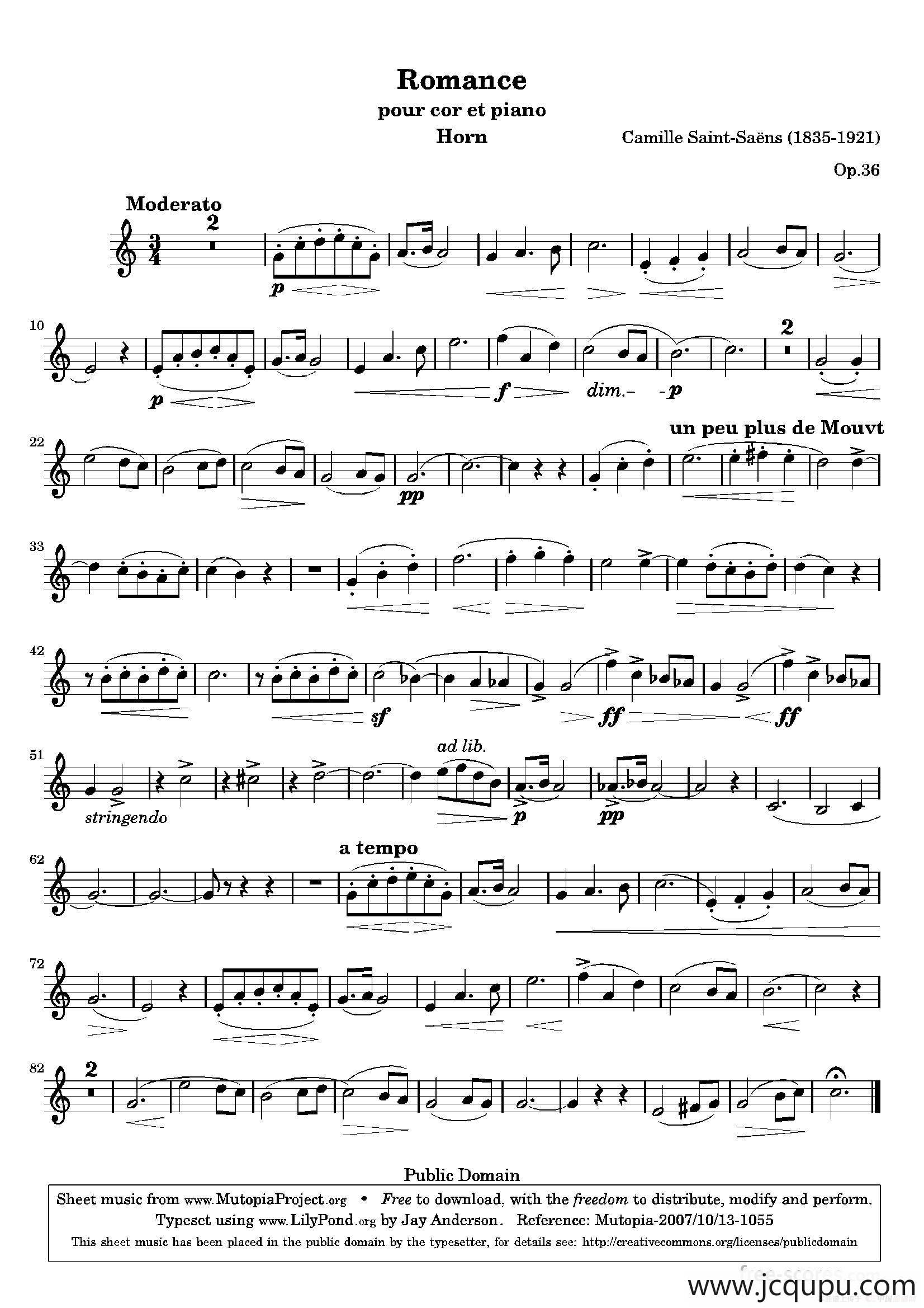 圣桑-浪漫曲（圆号独奏）简谱