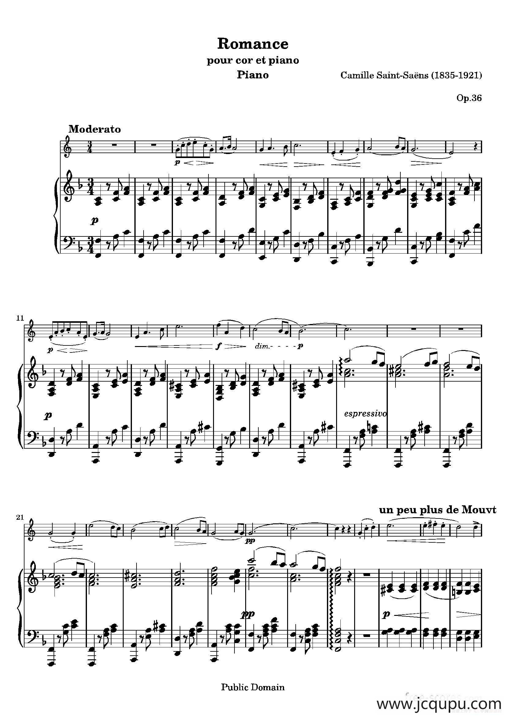 圣桑-浪漫曲（圆号+钢琴）简谱