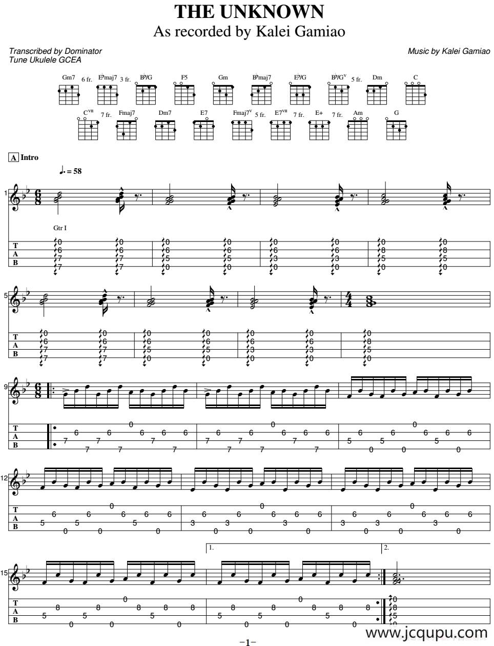 The Unknown（尤克里里指弹谱）简谱