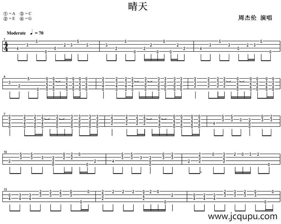 晴天（尤克里里指弹谱）简谱