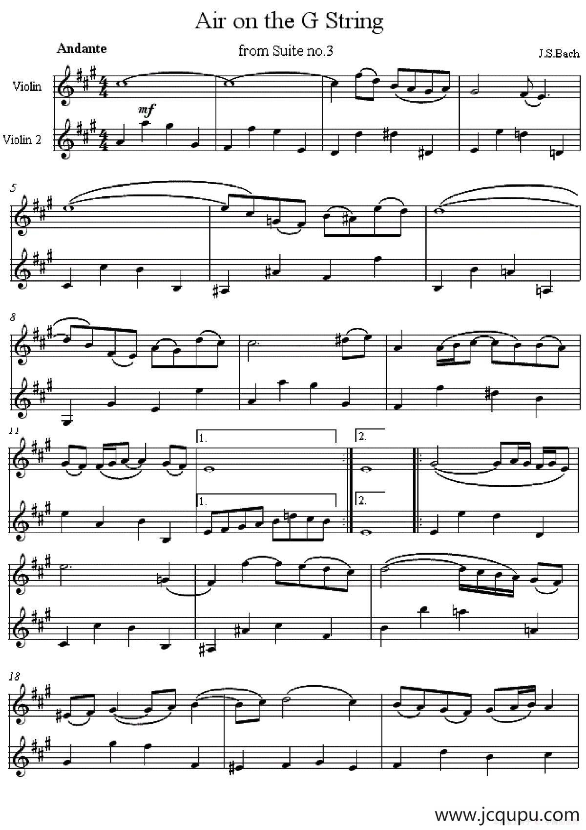 Air on the G String from Suite no.3（G弦上的咏叹调）（二重奏）简谱