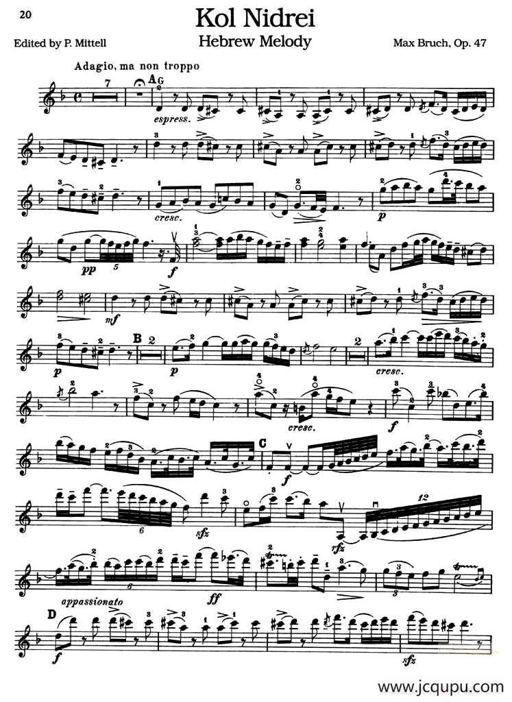 Kol Nidrei Hebrew Melody Op.47简谱