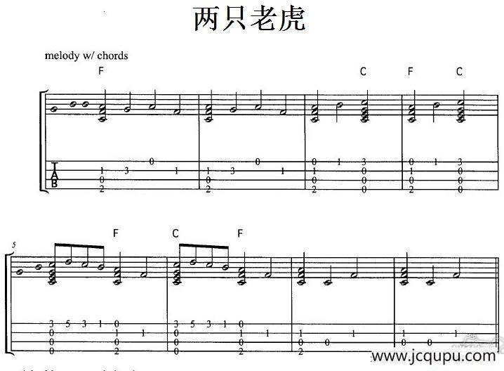 两只老虎（尤克里里指弹谱）简谱