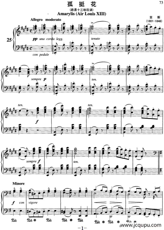 不可不弹的世界钢琴名曲：孤挺花（路易十三咏叹调）简谱