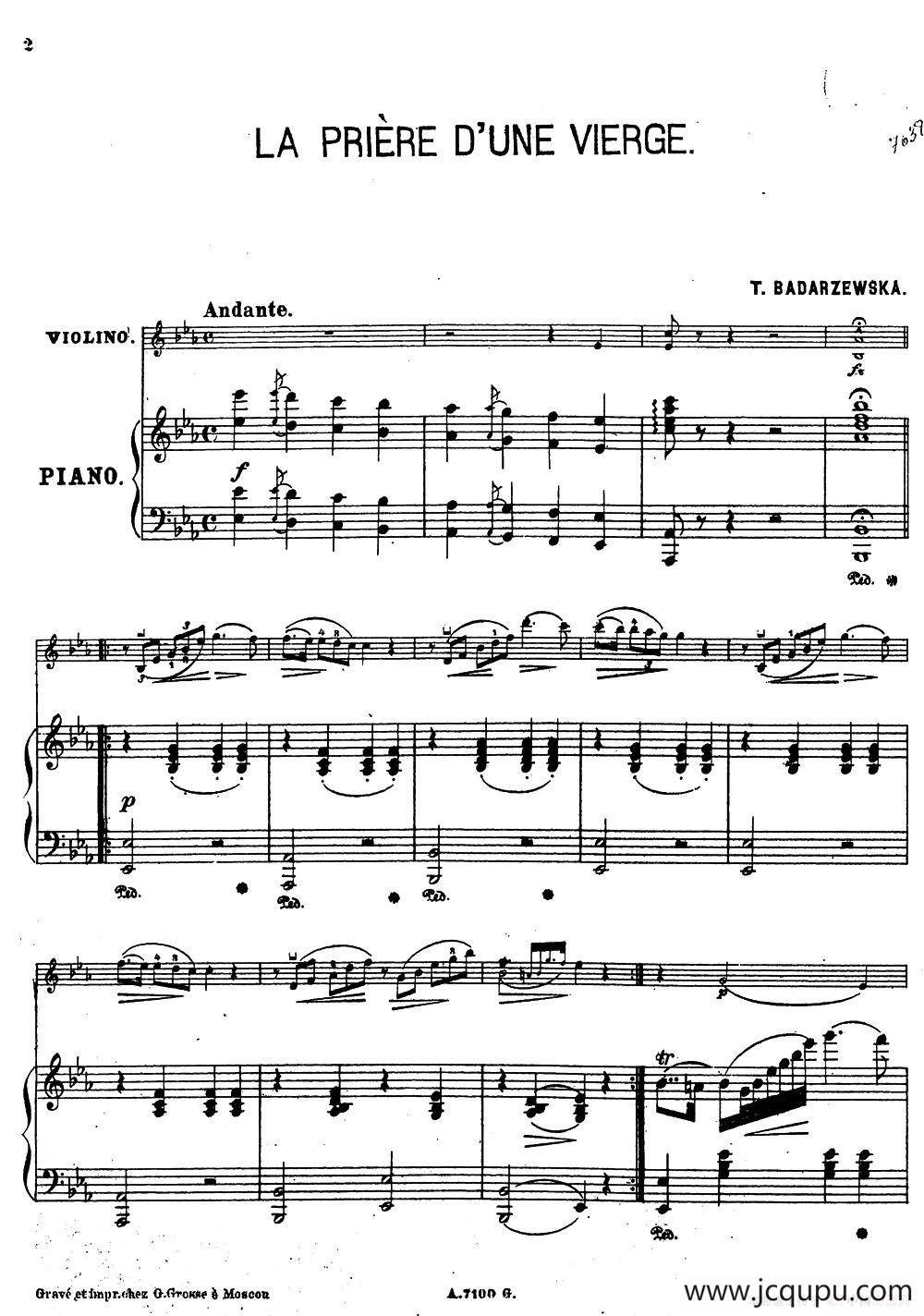 LA PRIERE D'UNE VIERGE（少女的祈祷）（小提琴+钢琴伴奏）简谱