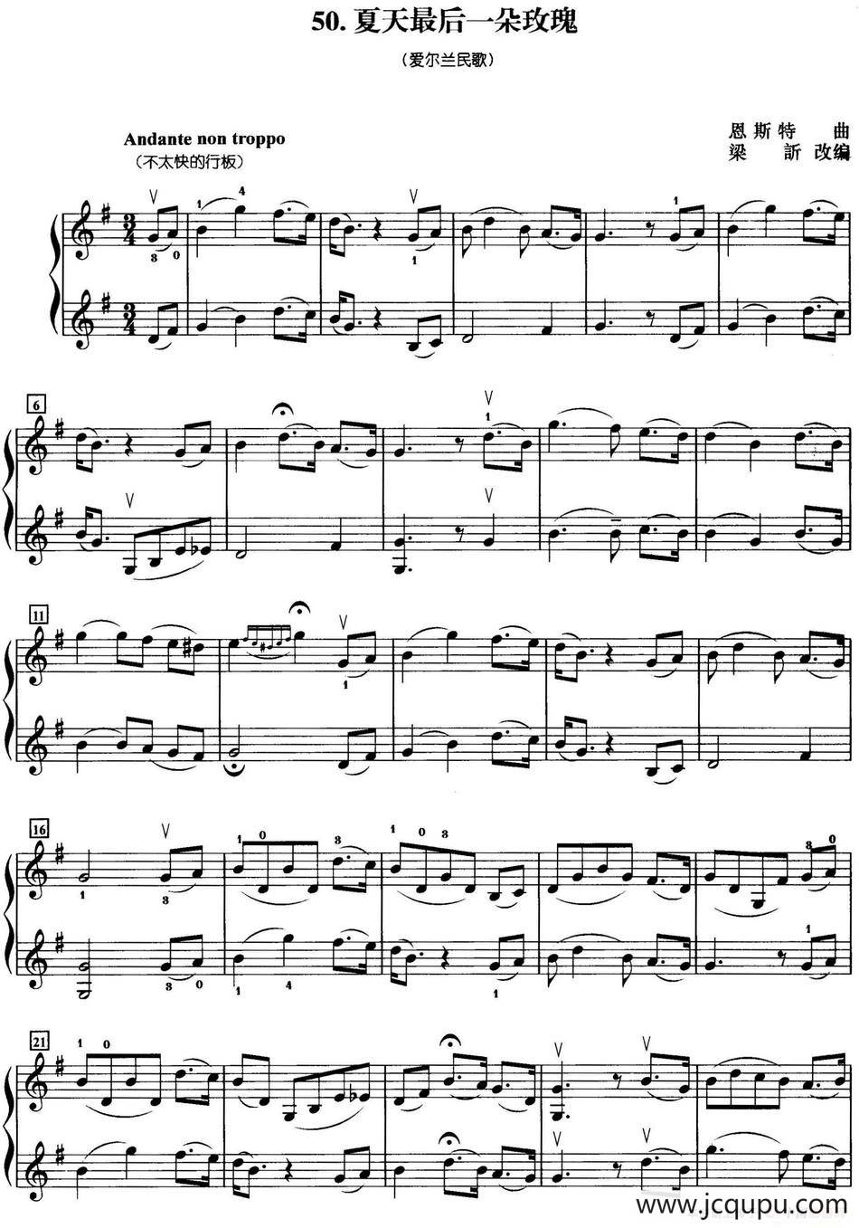 初级小提琴二重奏：夏天最后一朵玫瑰简谱