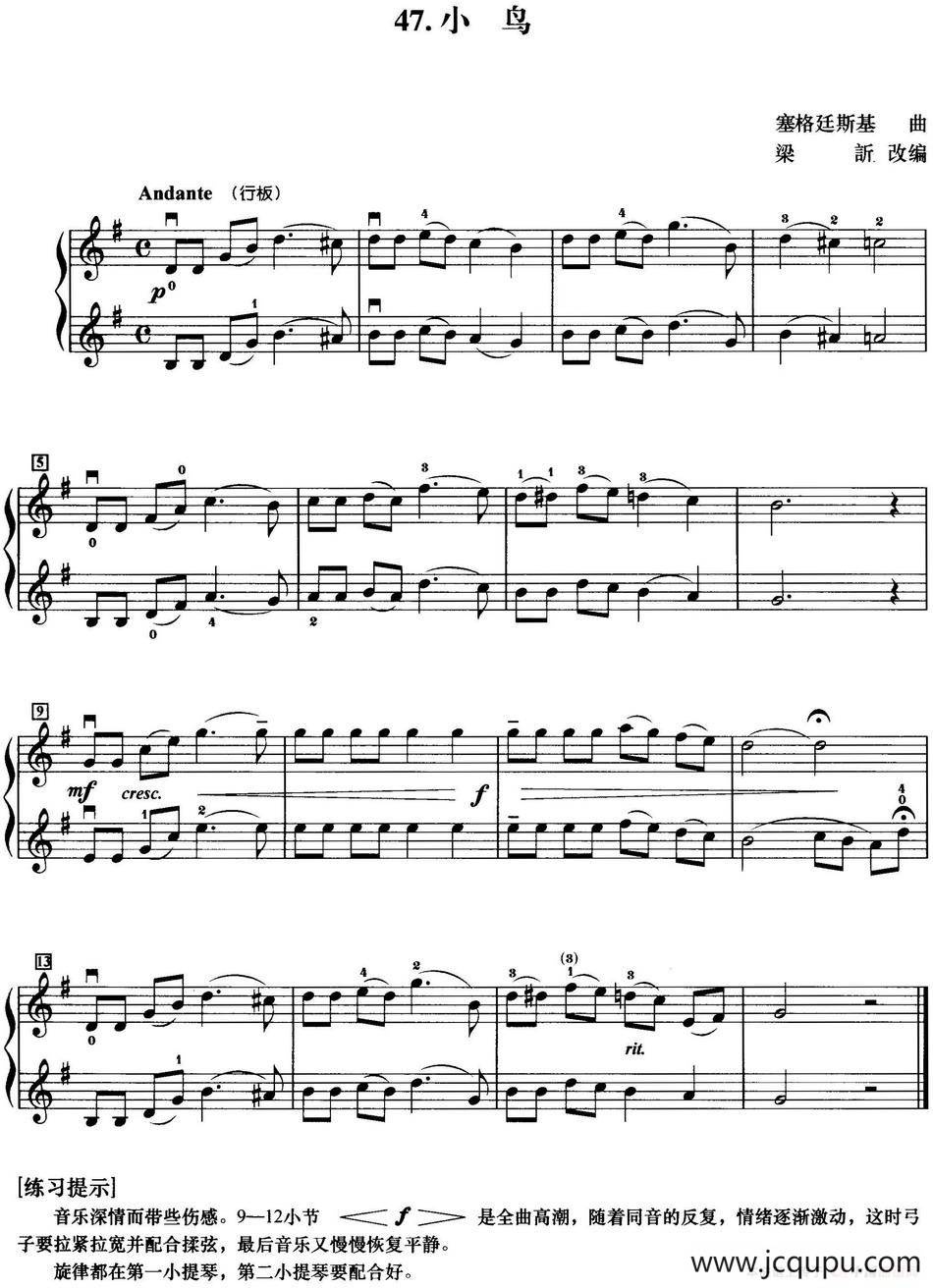 初级小提琴二重奏：小鸟简谱