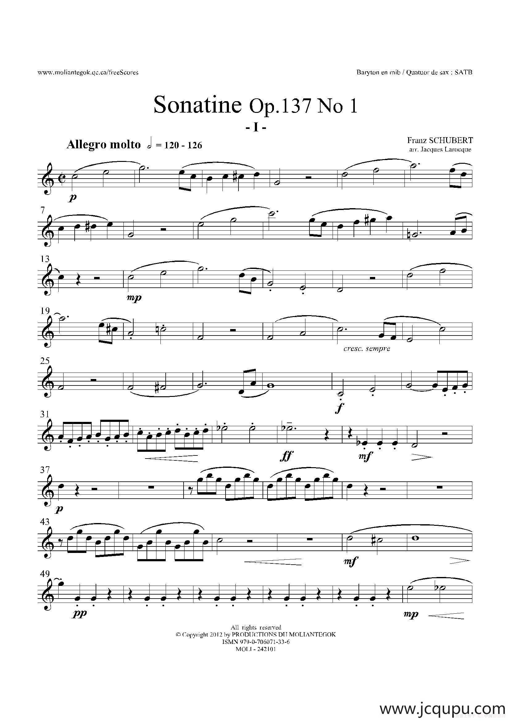 Sonatine Op.137 No 1（四重奏上低音萨克斯分谱）简谱