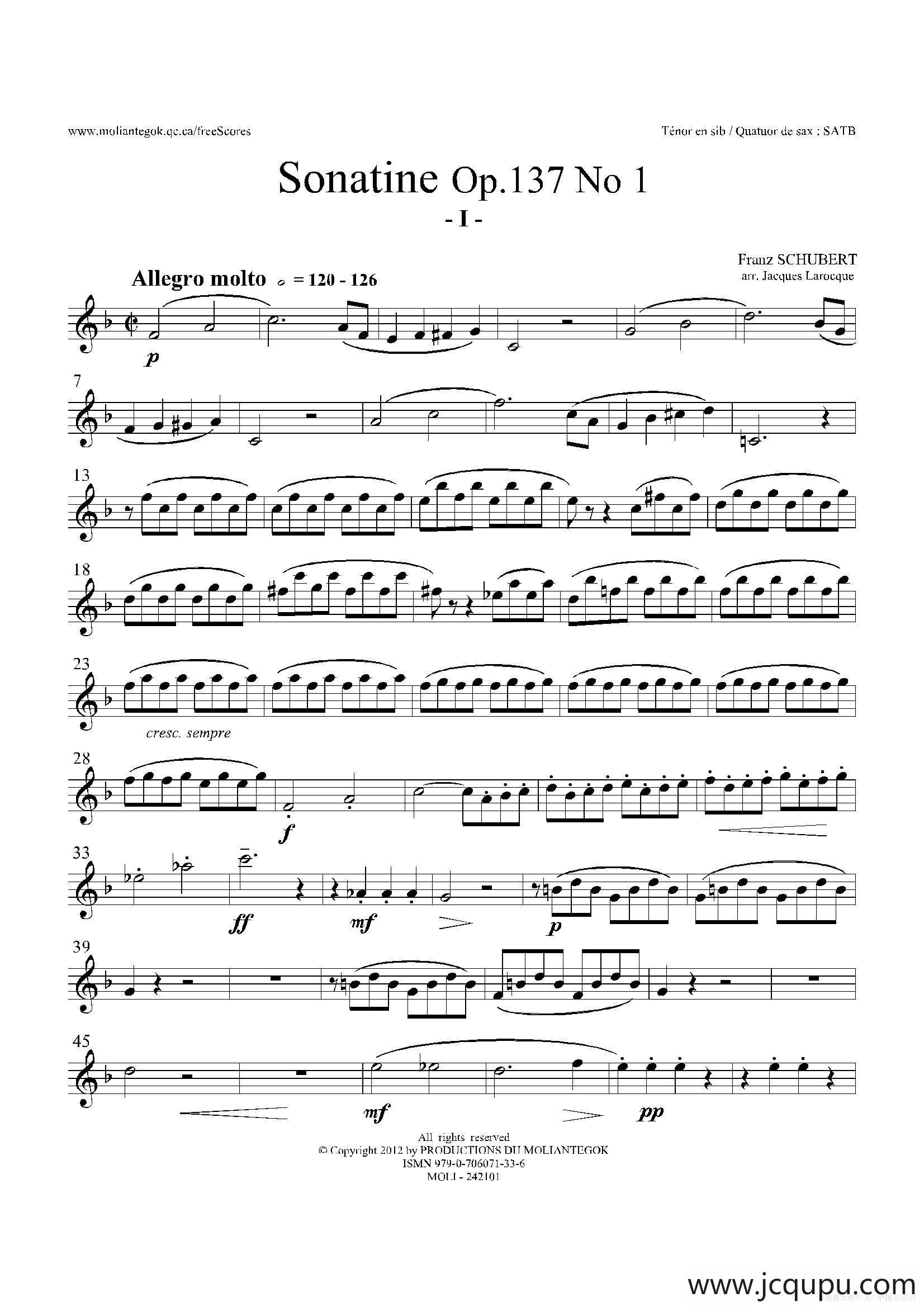 Sonatine Op.137 No 1（四重奏次中音萨克斯分谱）简谱