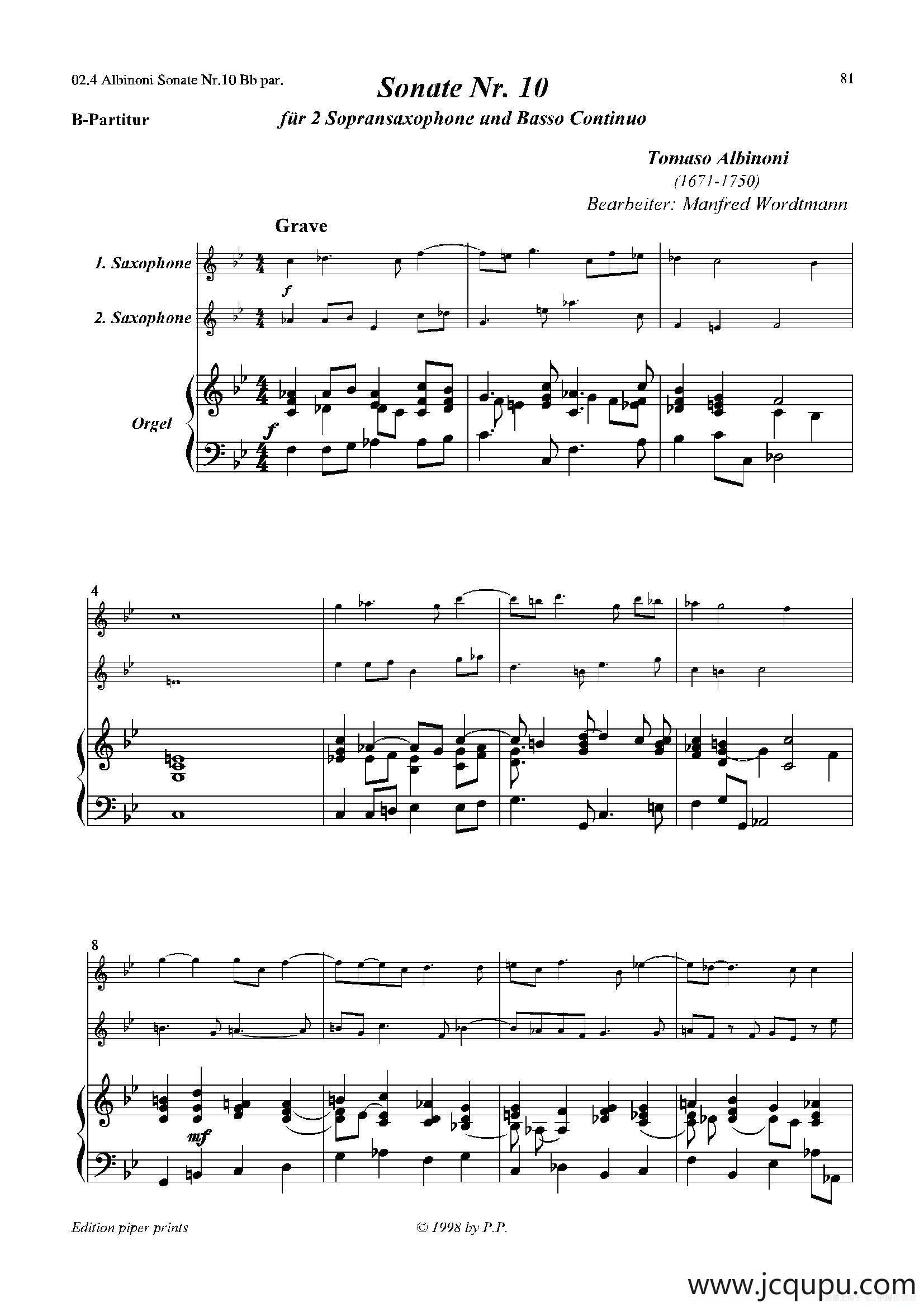 Sonate Nr.10（次中音萨克斯二重奏+管风琴）简谱