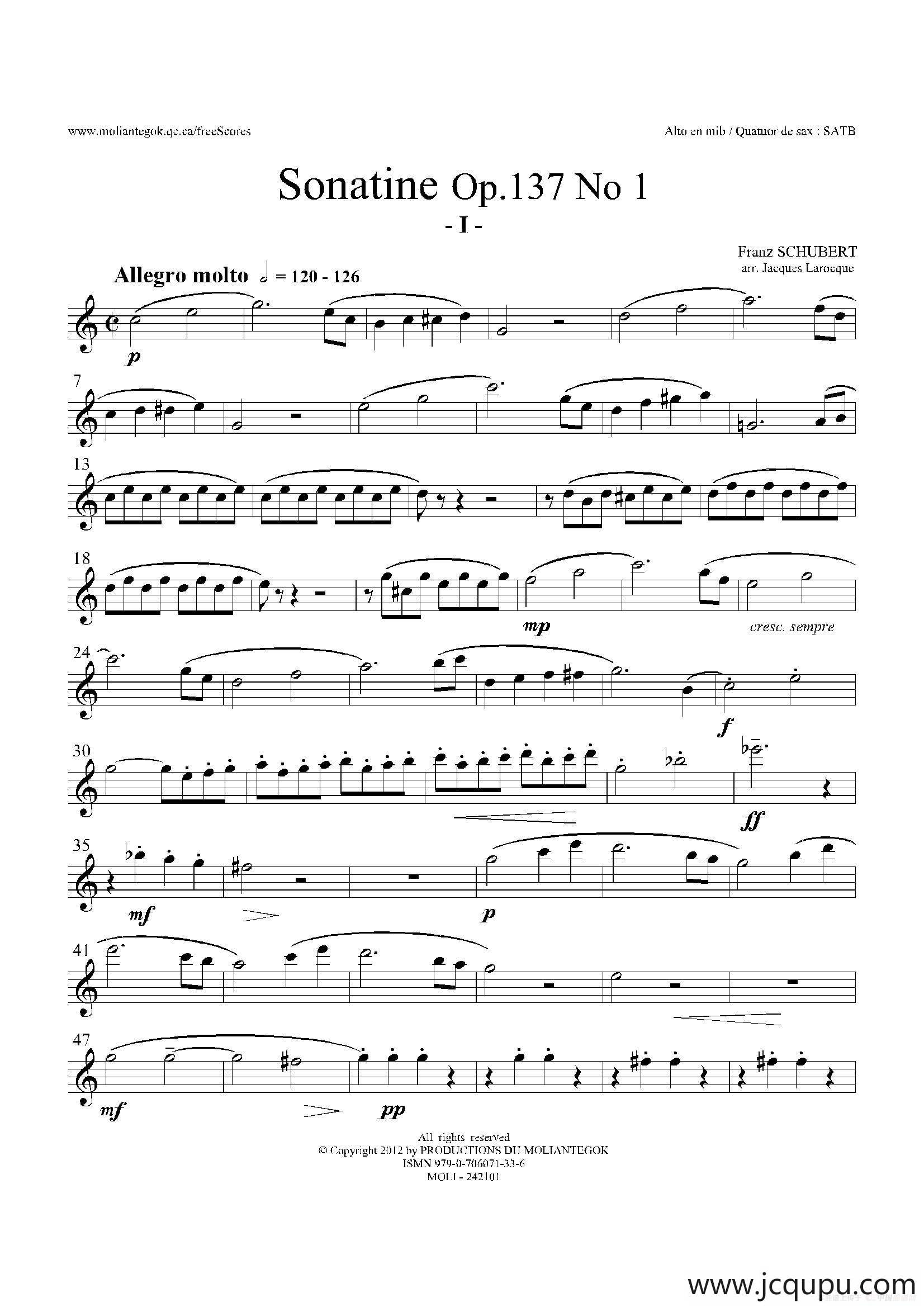 Sonatine Op.137 No 1（四重奏中音萨克斯分谱）简谱