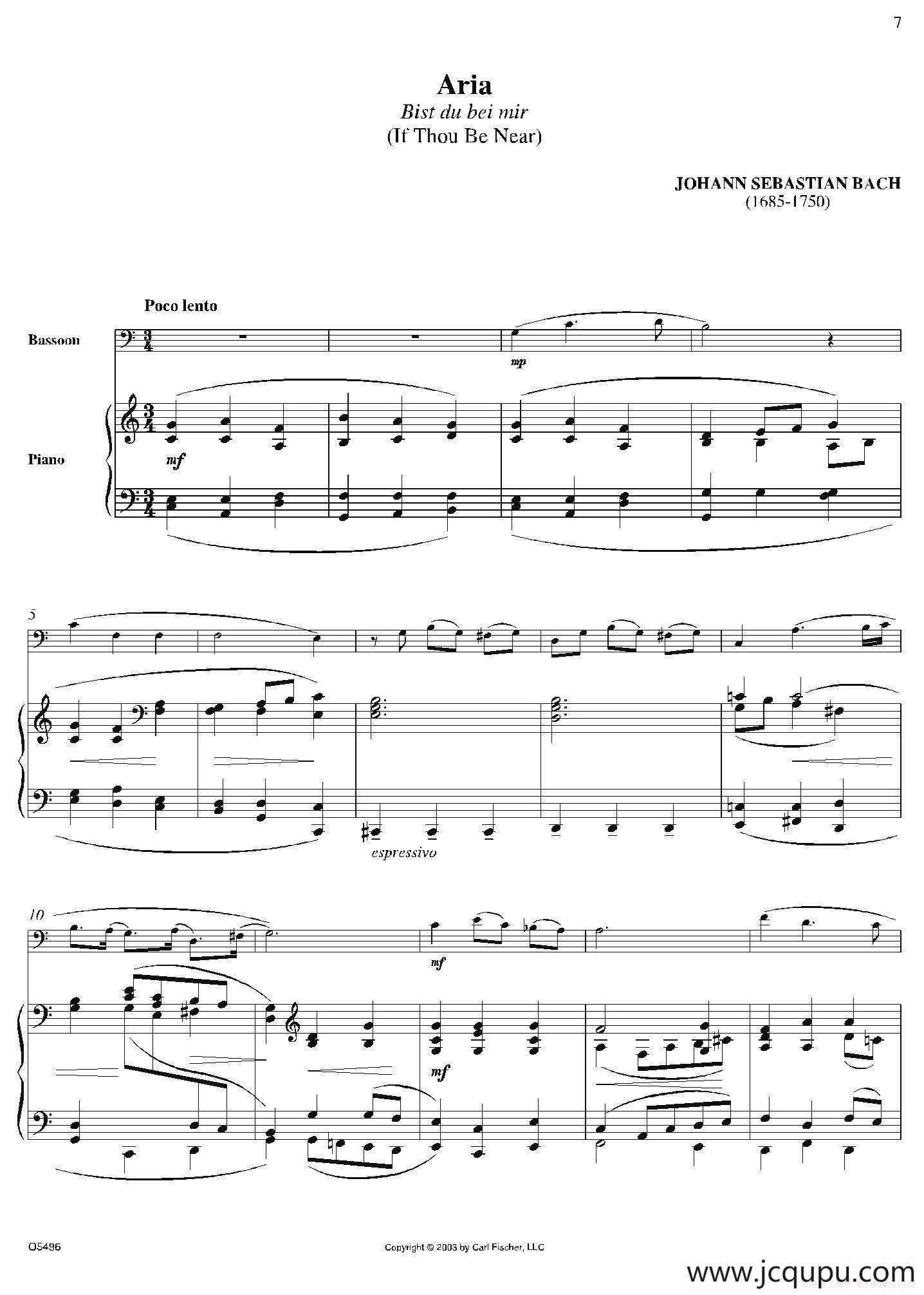Aria （Bist du bei mir）（巴松+钢琴伴奏）简谱