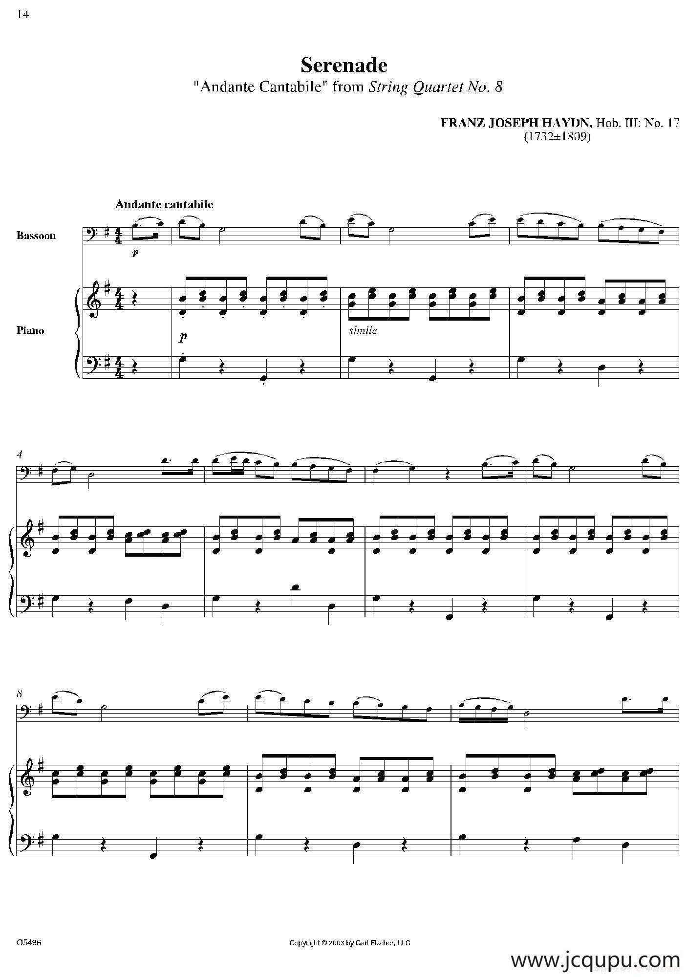 Serenade “Andante Cantabile”from String Quartet No. 8（巴松+钢琴伴奏）简谱