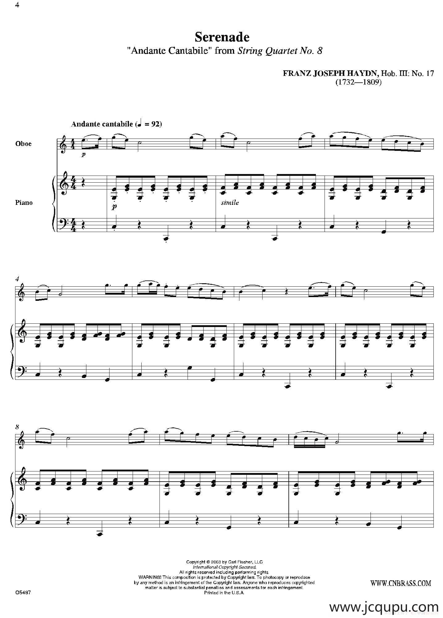 Serenade（双簧管+钢琴伴奏）简谱