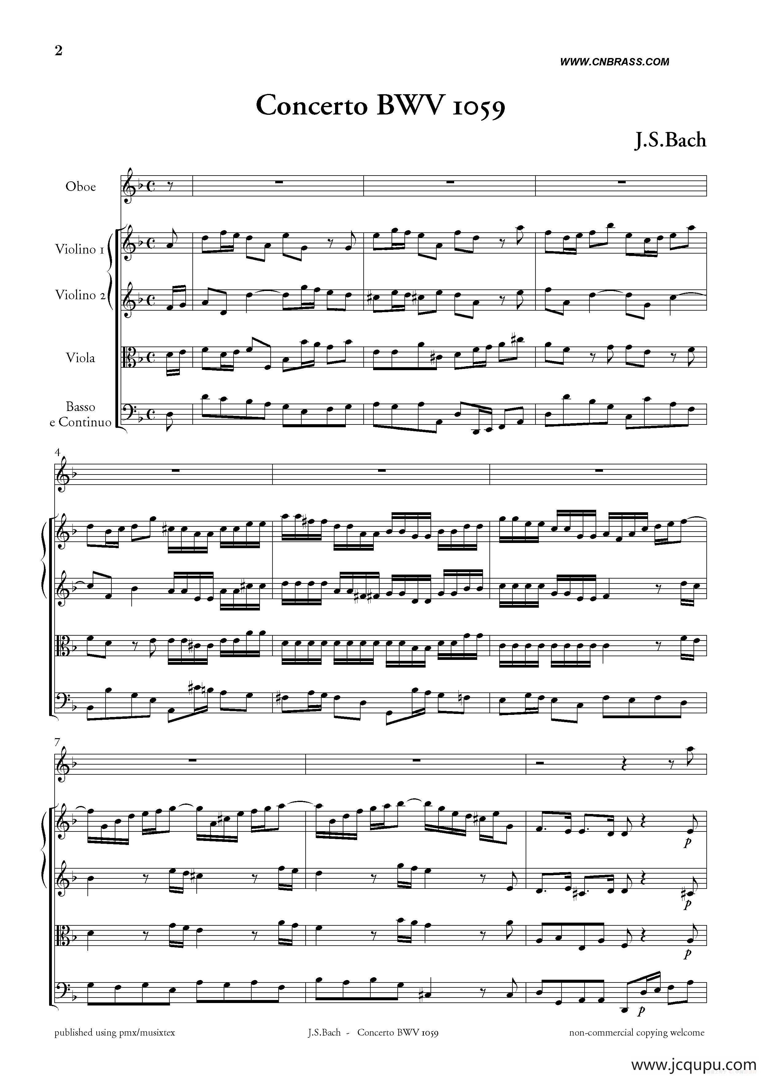 Concerto BWV 1059（双簧管与弦乐D小调协奏曲）简谱