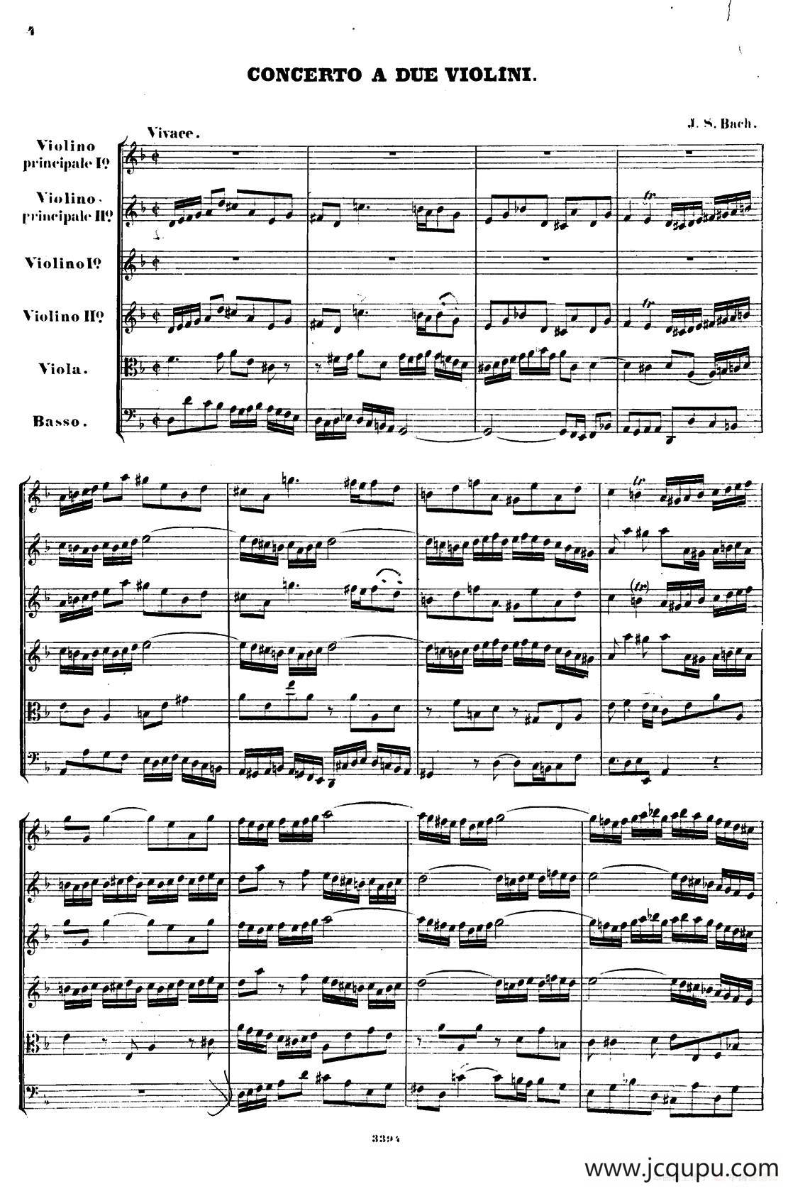 CONCERTO A DUE VIOLINI.（巴赫D小调二重协奏曲总谱）简谱