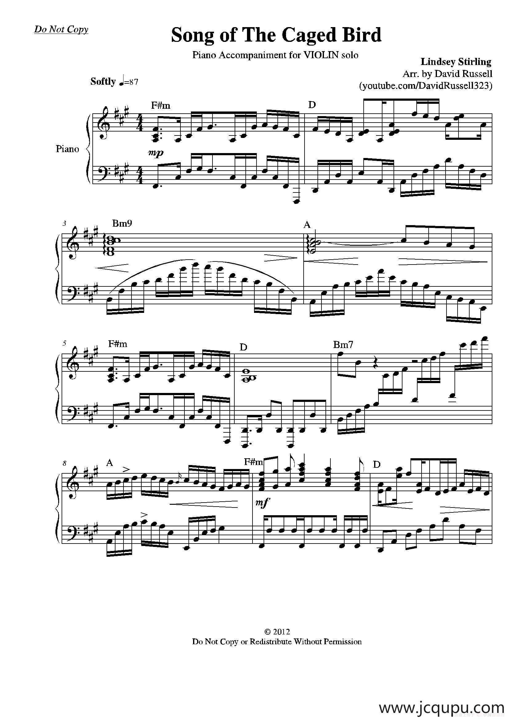 Song of a Caged Bird（小提琴+钢琴伴奏）简谱