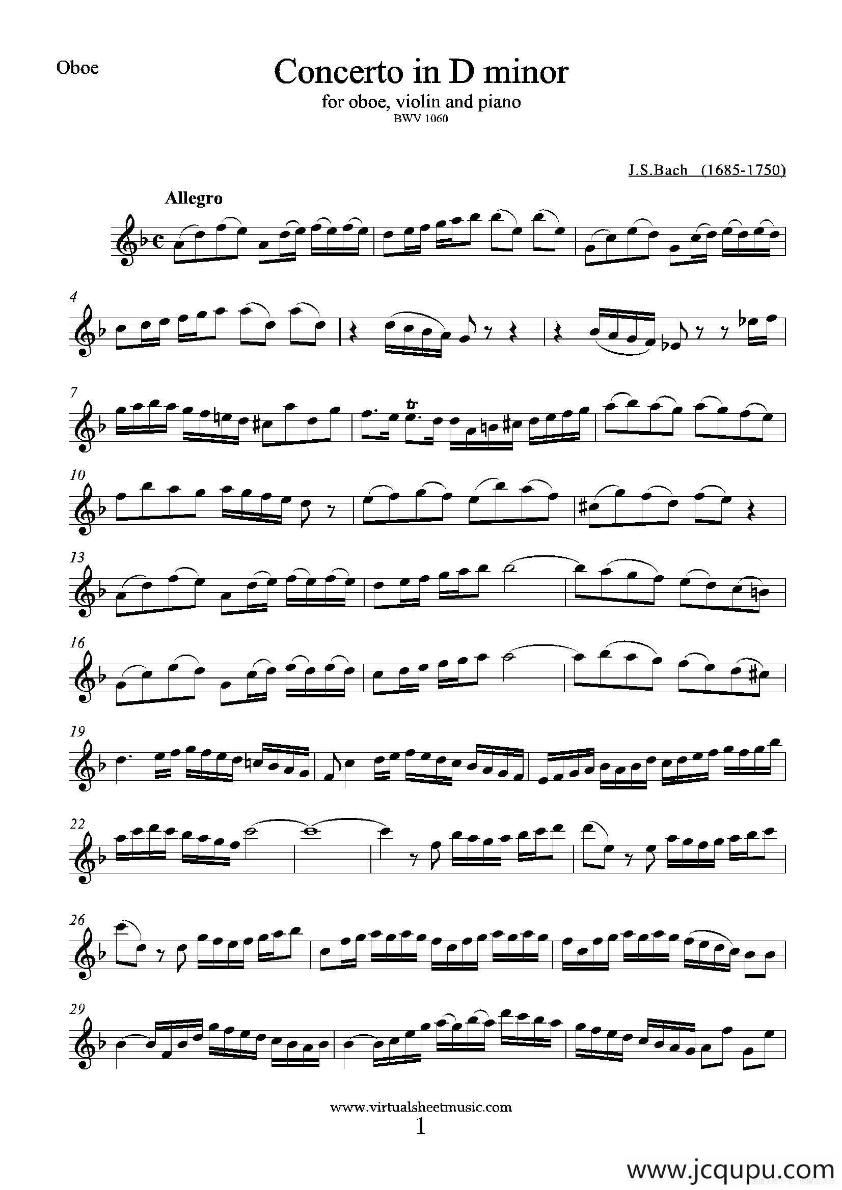 Concerto in D minor（双簧管分谱）简谱