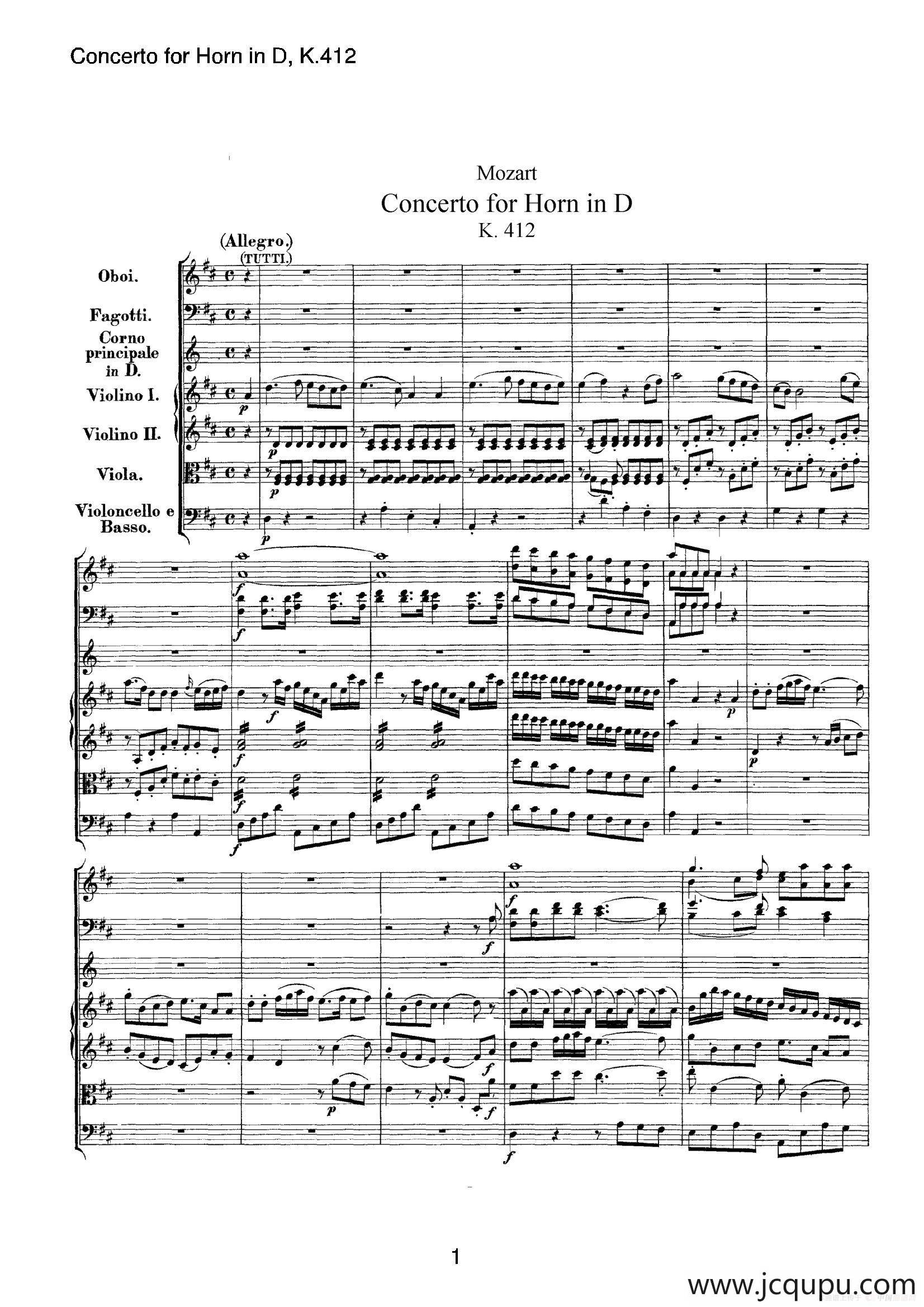 Concerto for Horn in D，K.412（D大调第一圆号协奏曲K412号作品）简谱