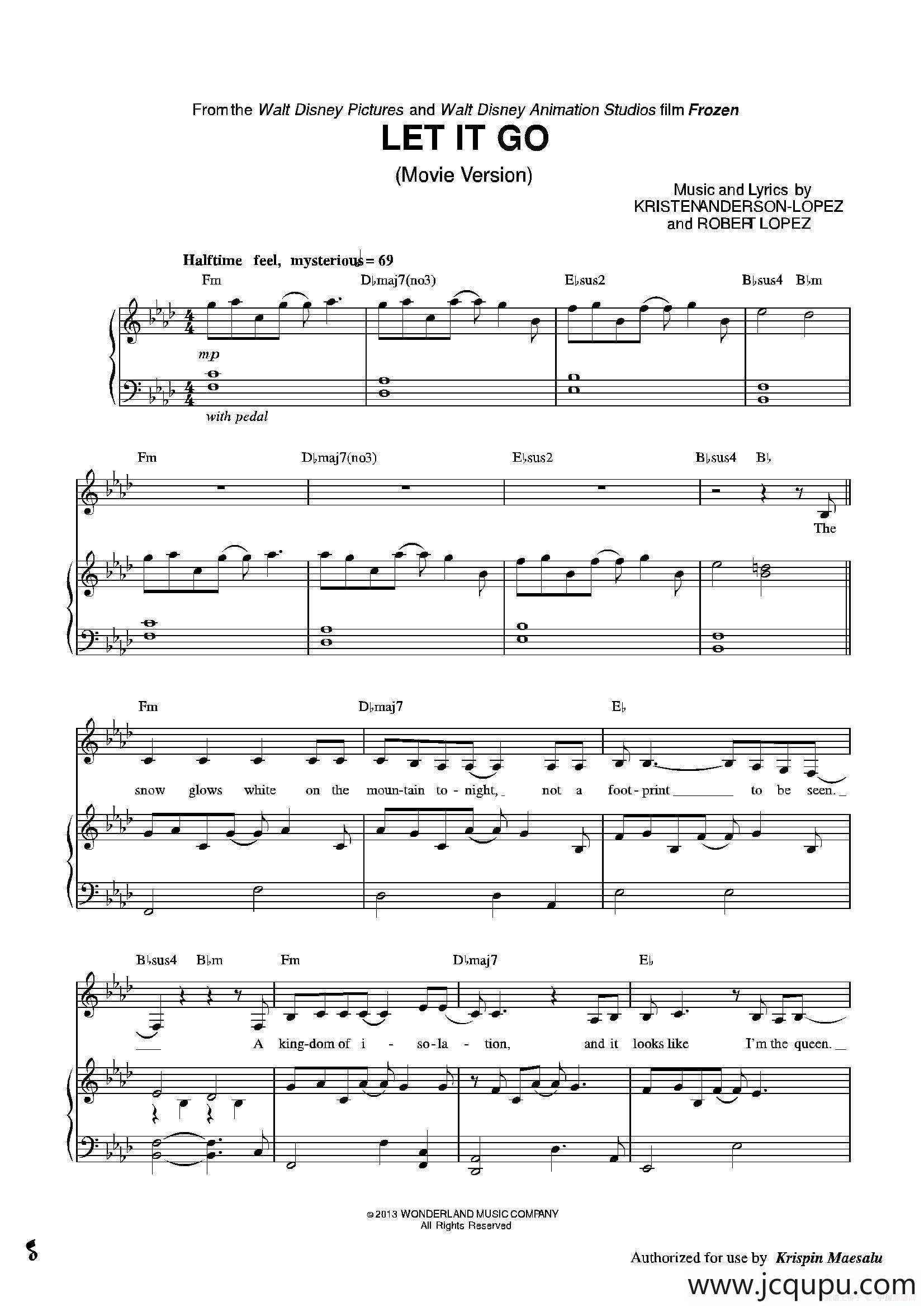 Let It Go（小提琴+钢琴伴奏）简谱