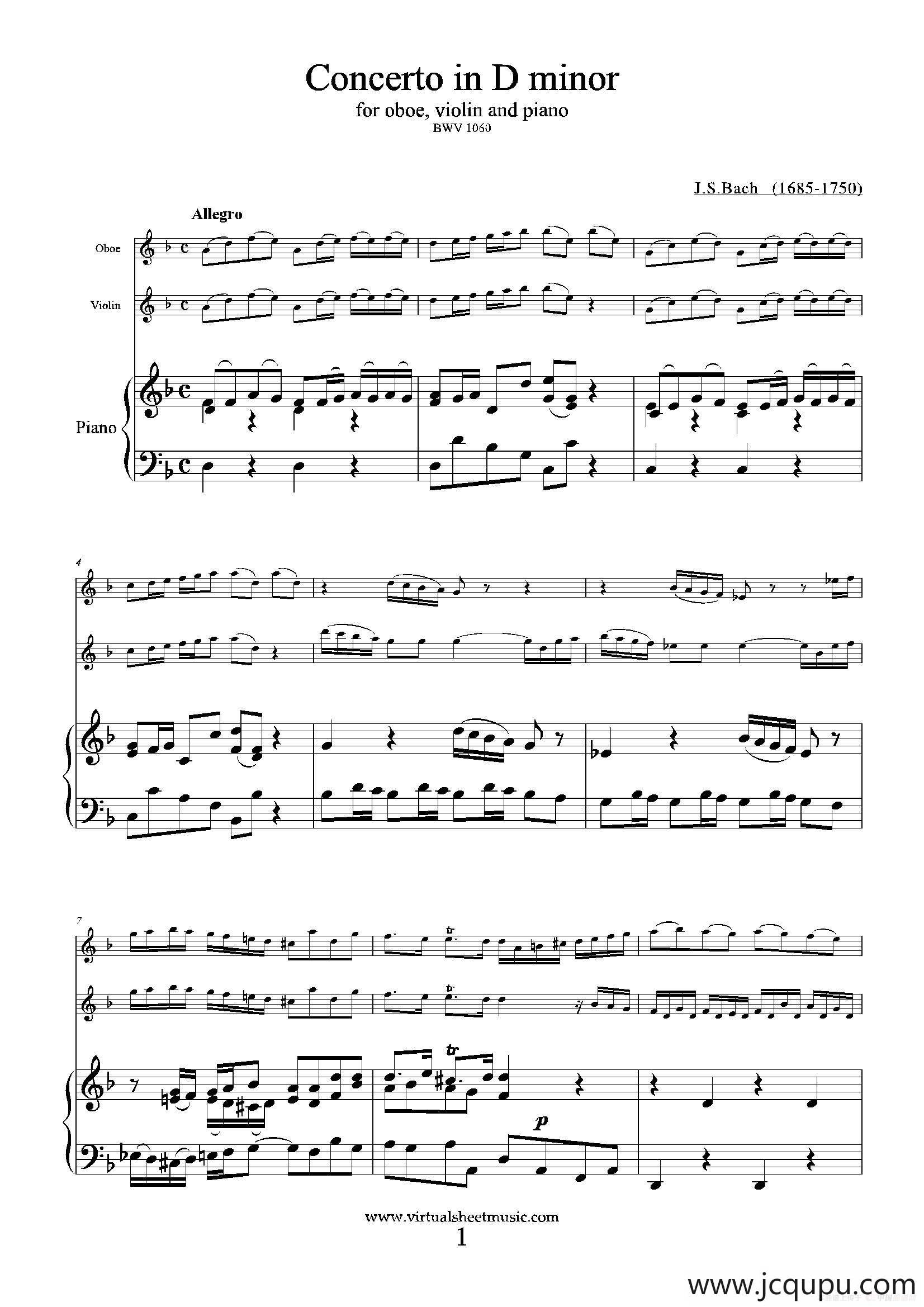 Concerto in D minor（双簧管+小提琴+钢琴伴奏）简谱