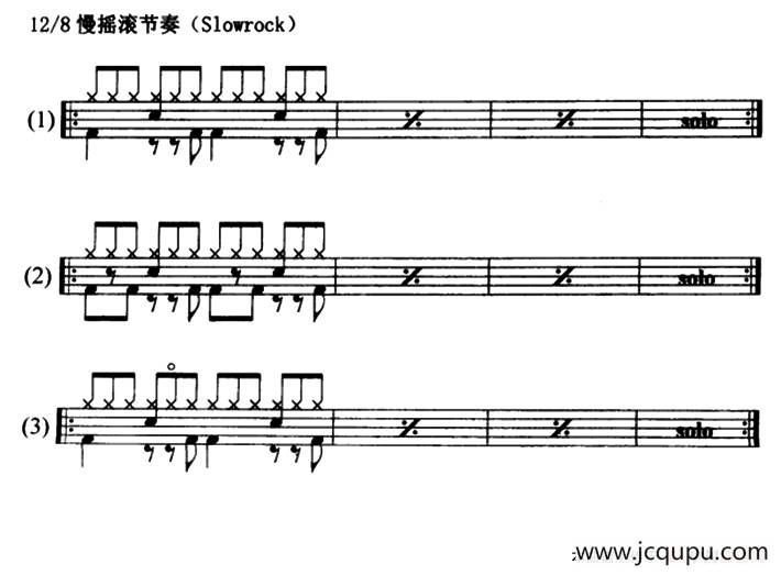6条架子鼓12/8慢摇滚节奏型(Slowrock)练习简谱