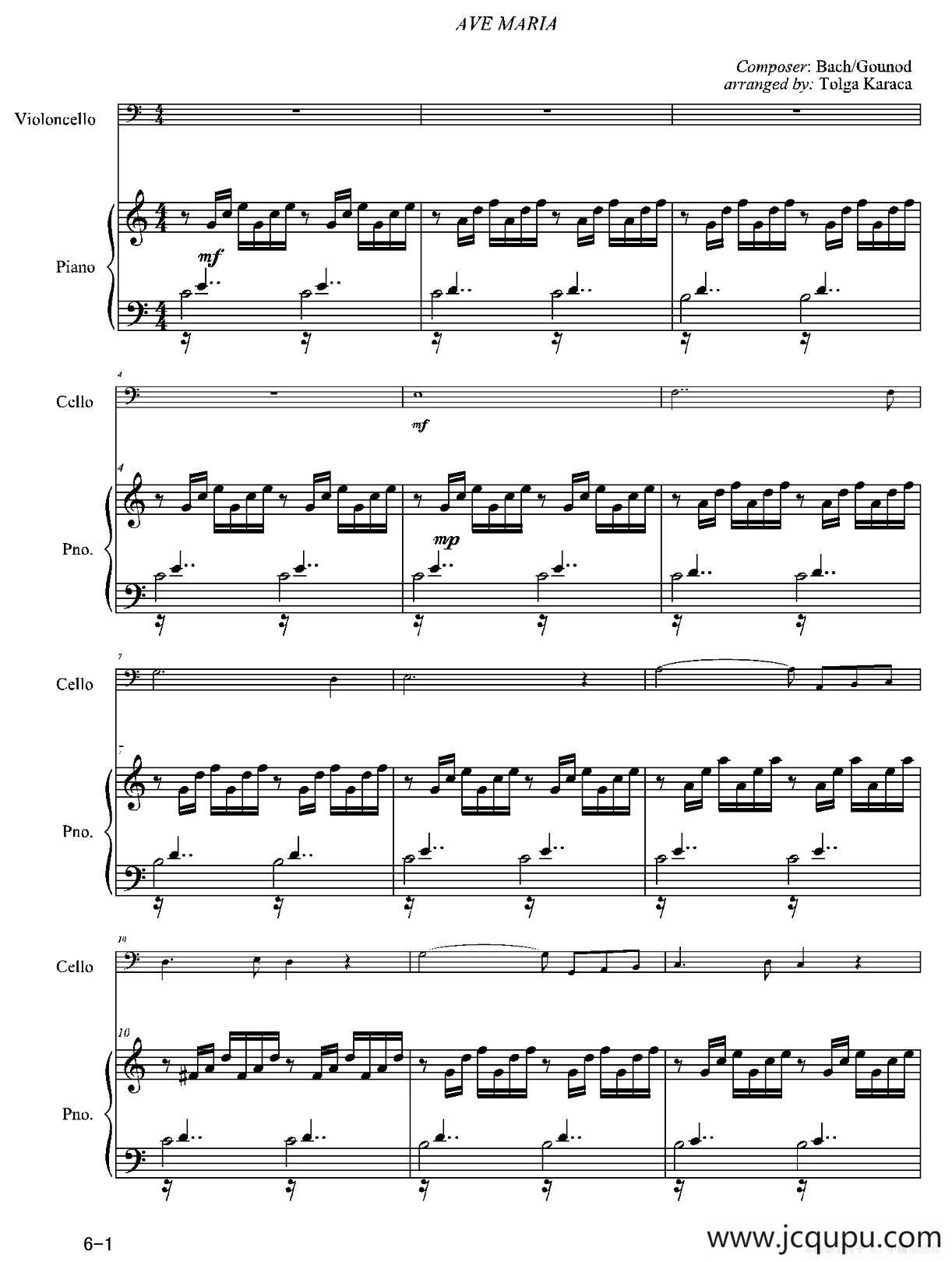 Ave Moria（圣母颂）（大提琴独奏+钢琴伴奏）简谱