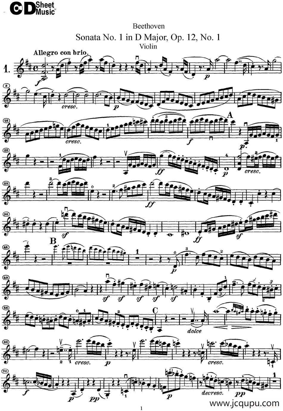 Violin Sonata No.1 in D Major Op.12 No.1简谱
