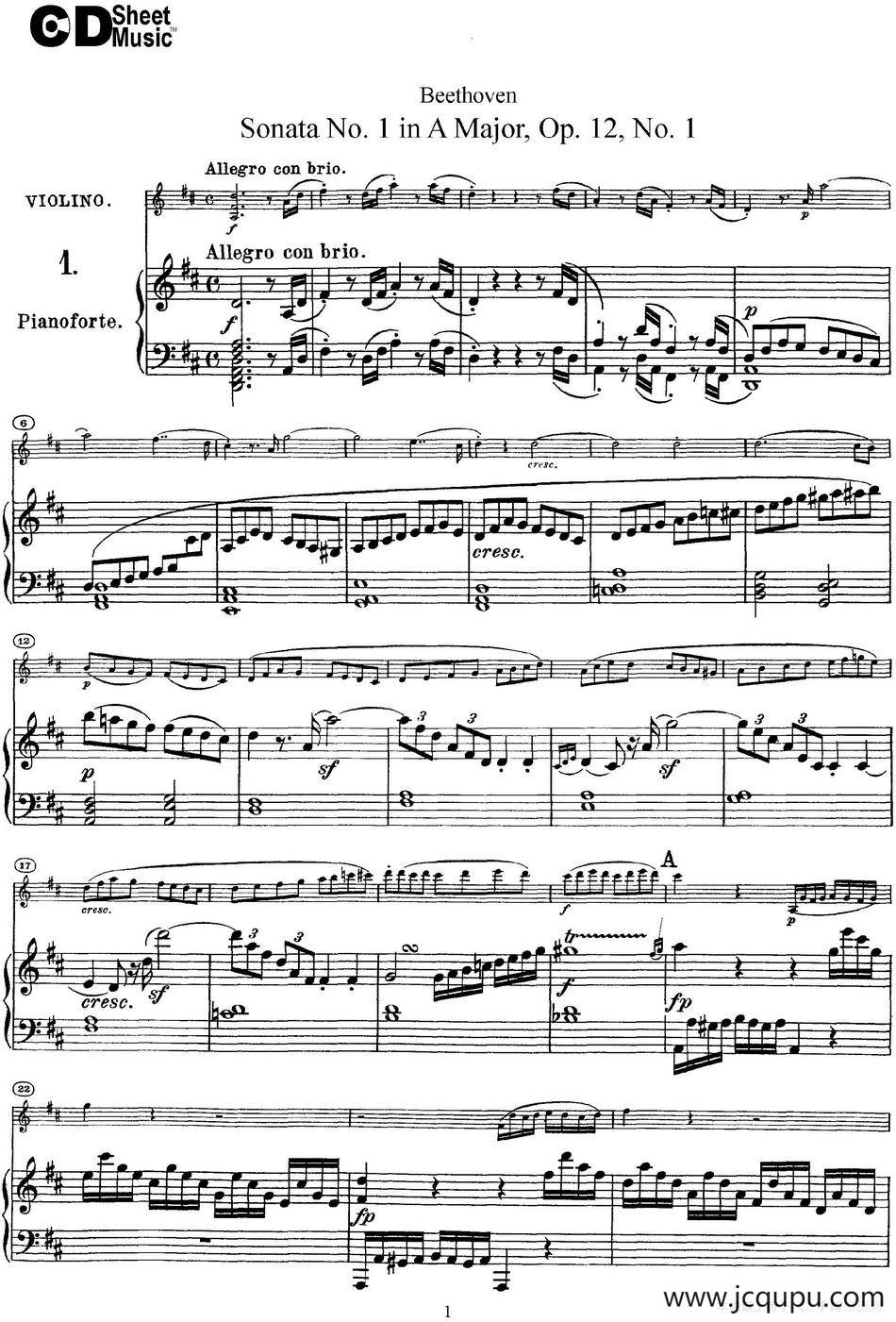 Violin Sonata No.1 in D Major Op.12 No.1（小提琴+钢琴伴奏）简谱