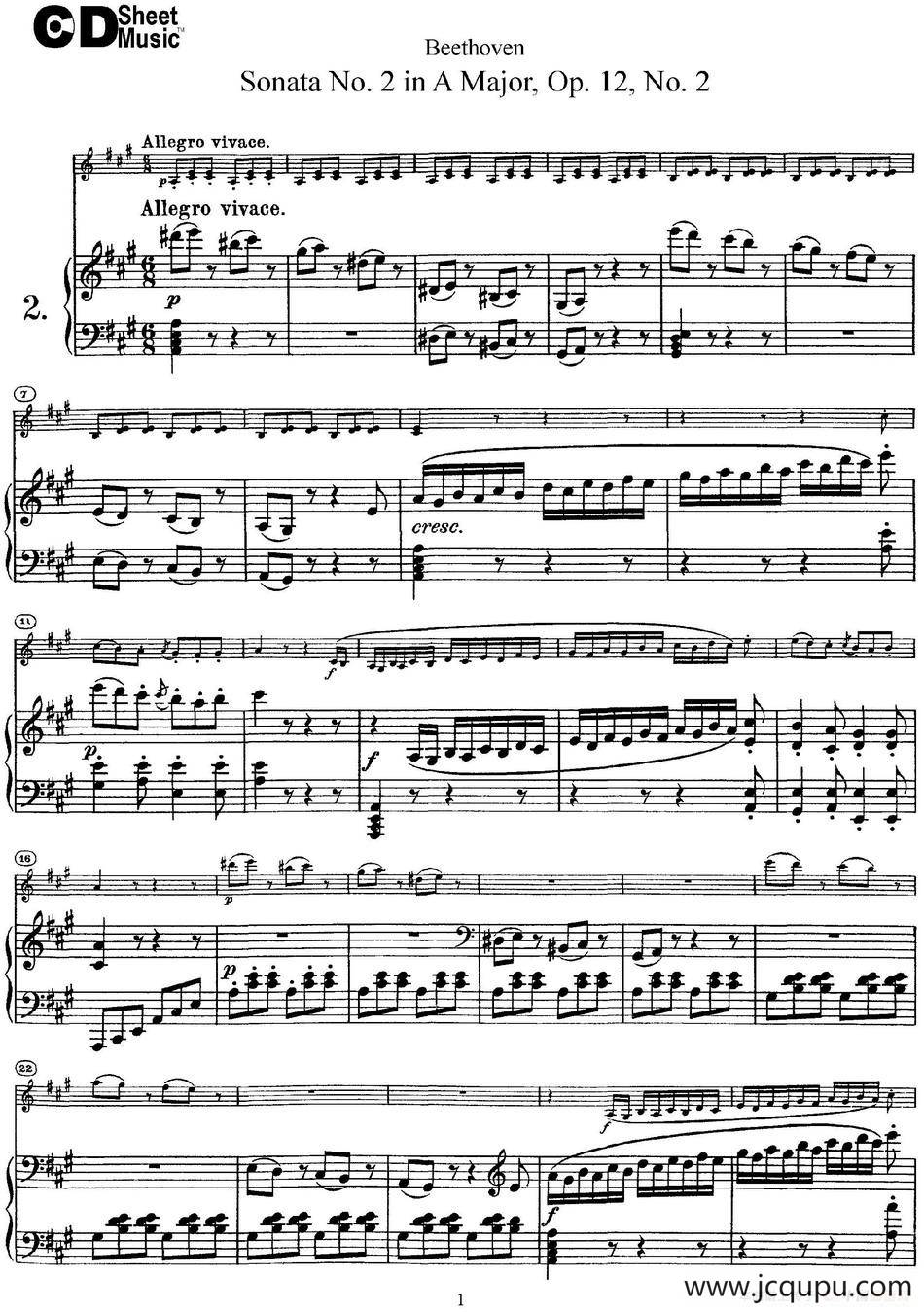 Violin Sonata No.2 in A Major Op.12 No.2（小提琴+钢琴伴奏）简谱