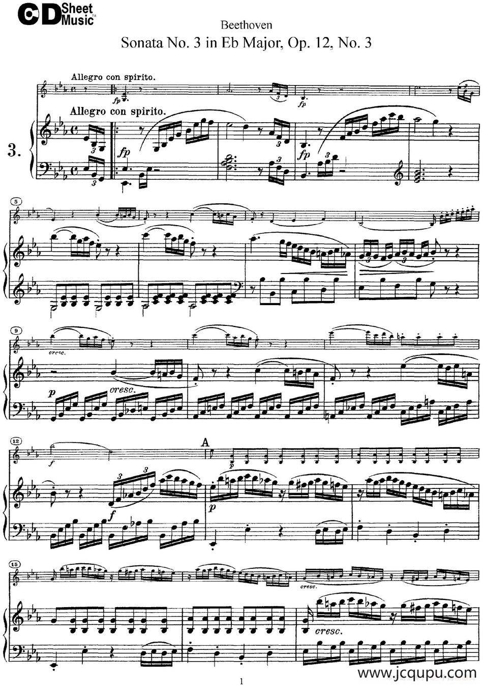 Violin Sonata No.3 in Eb Major Op.12 No.3（小提琴+钢琴伴奏）简谱