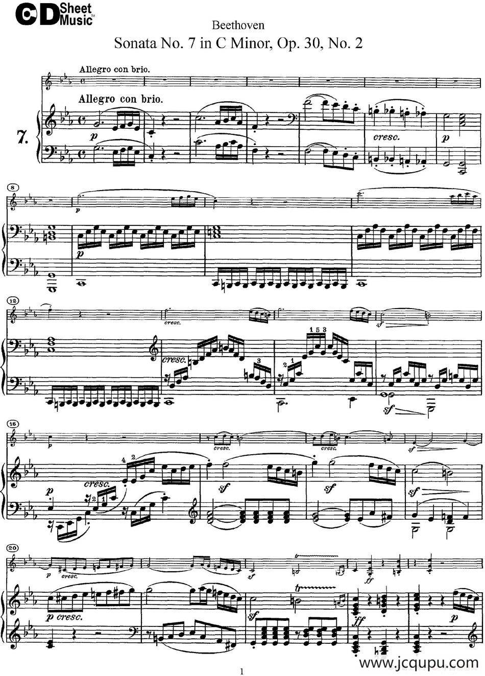 Violin Sonata No.7 in C Minor Op.30 No.2（小提琴+钢琴伴奏）简谱