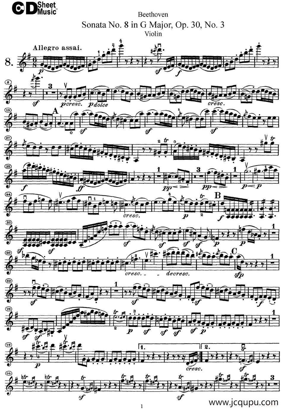 Violin Sonata No.8 in G Major Op.30 No.3简谱