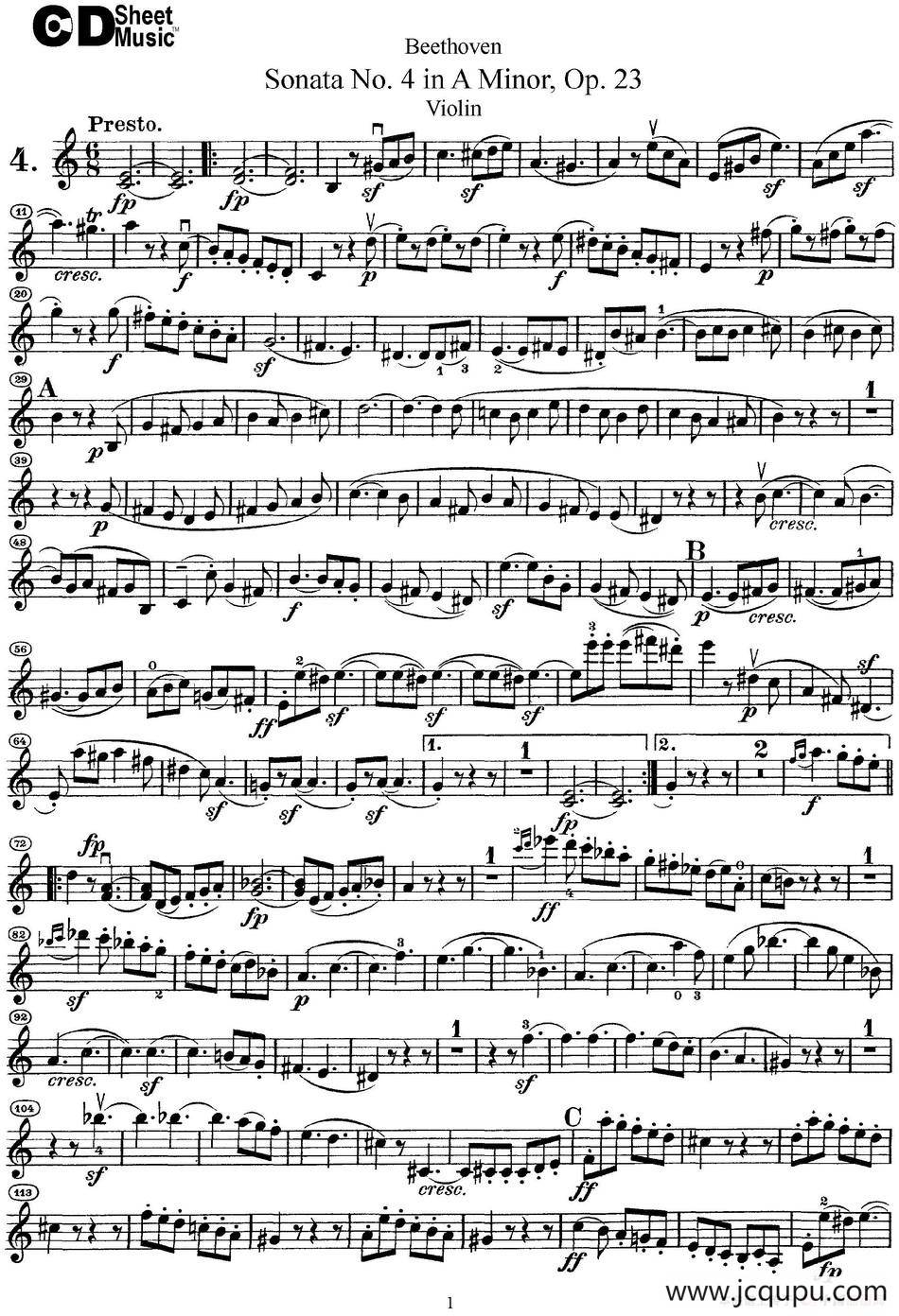 Violin Sonata No.4 in A Minor Op.23简谱