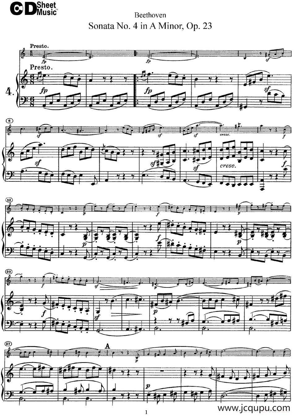 Violin Sonata No.4 in A Minor Op.23（小提琴+钢琴伴奏）简谱