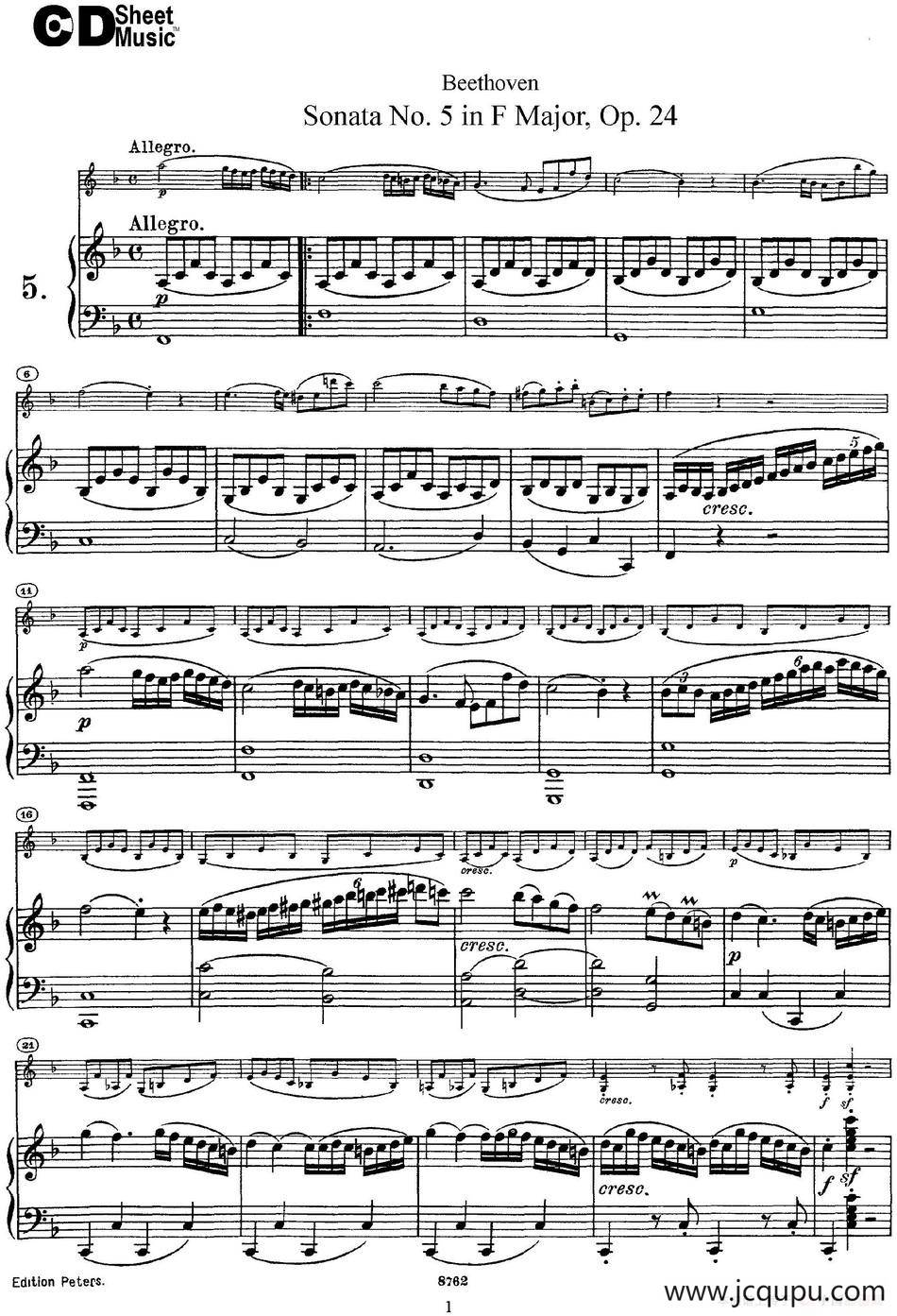 Violin Sonata No.5 in F Major Op.24（小提琴+钢琴伴奏）简谱