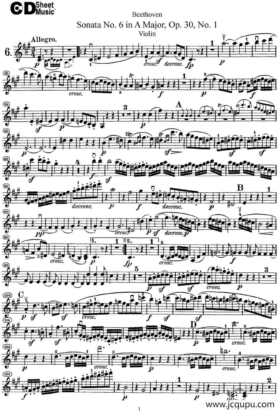 Violin Sonata No.6 in A Major Op.30 No.1简谱