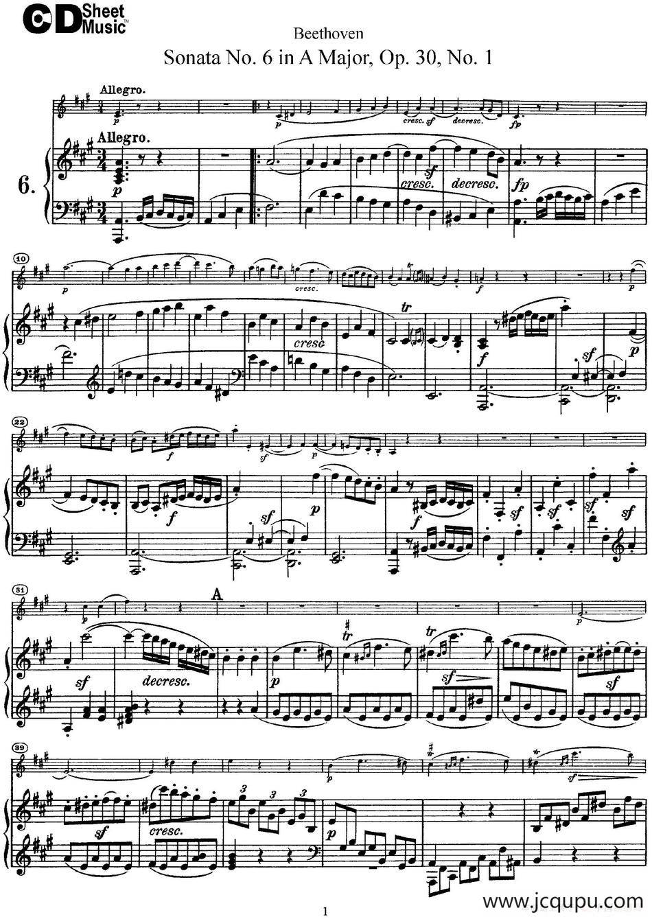Violin Sonata No.6 in A Major Op.30 No.1（小提琴+钢琴伴奏）简谱
