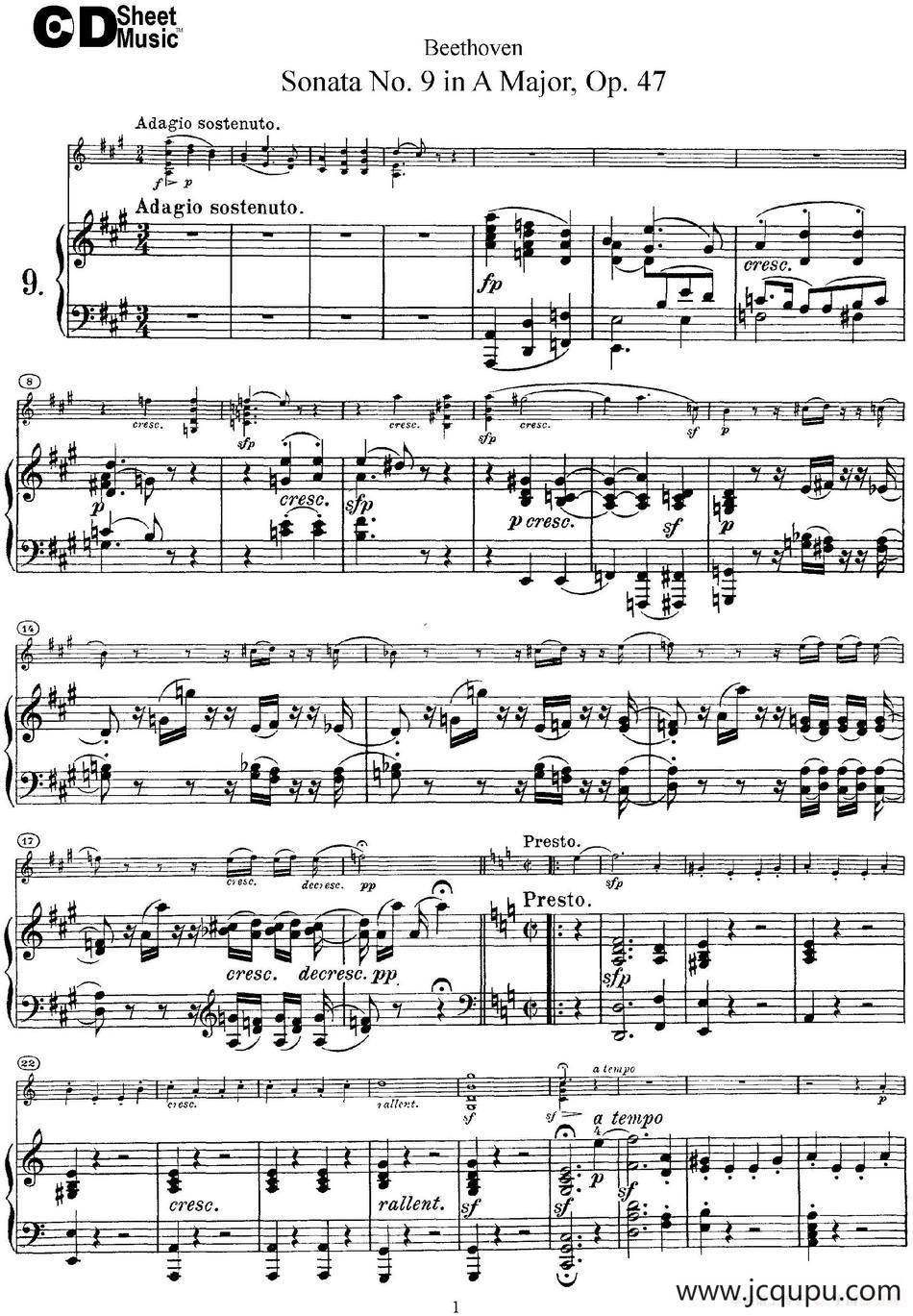 Violin Sonata No.9 in A Major Op.47（小提琴+钢琴伴奏）简谱