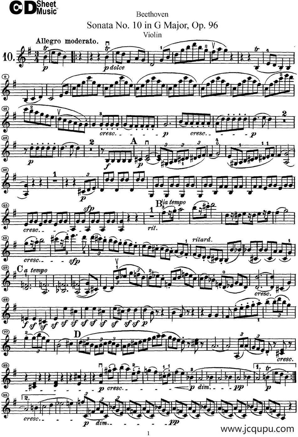 Violin Sonata No.10 in G Major Op.96简谱