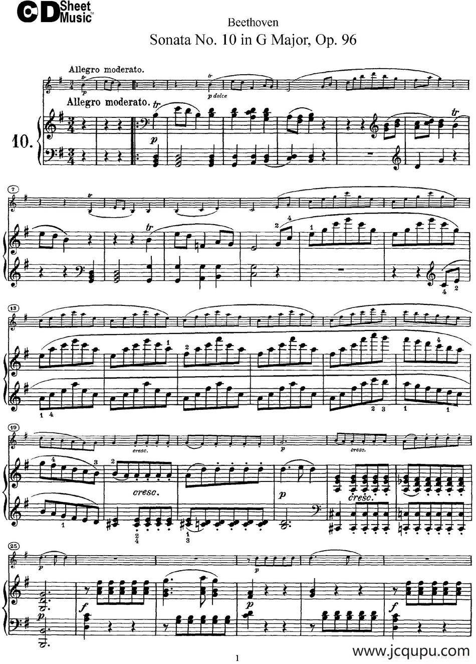 Violin Sonata No.10 in G Major Op.96（小提琴+钢琴伴奏）简谱