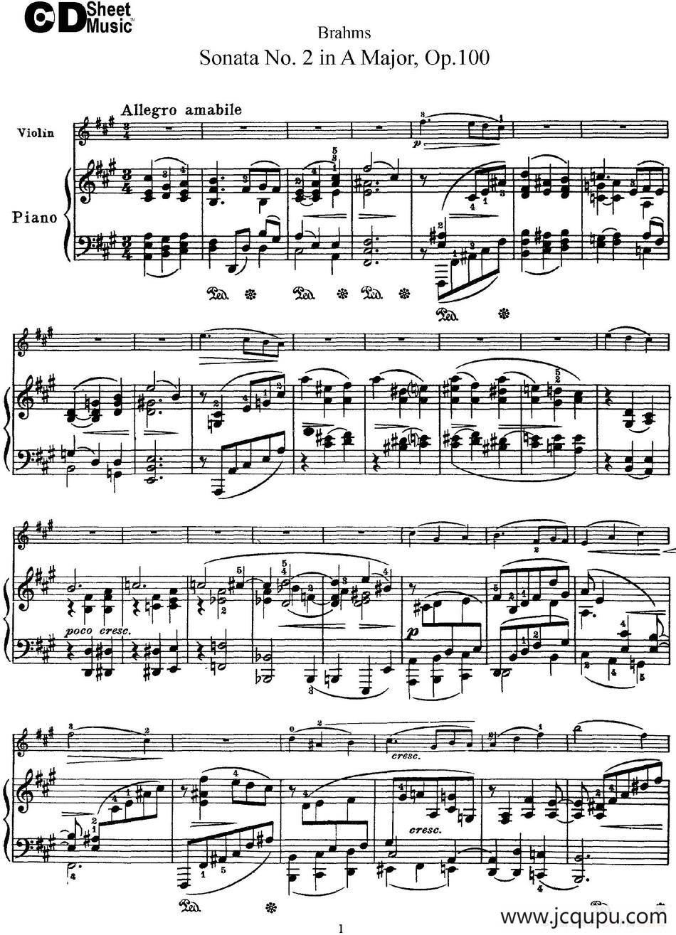 Violin Sonata No.2 in A Major Op.100（小提琴+钢琴伴奏）简谱