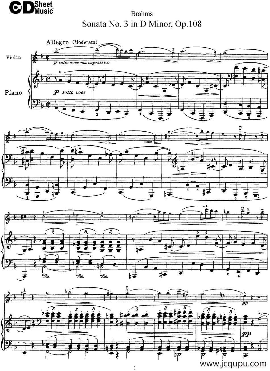 Violin Sonata No.3 in D Minor Op.108（小提琴+钢琴伴奏）简谱