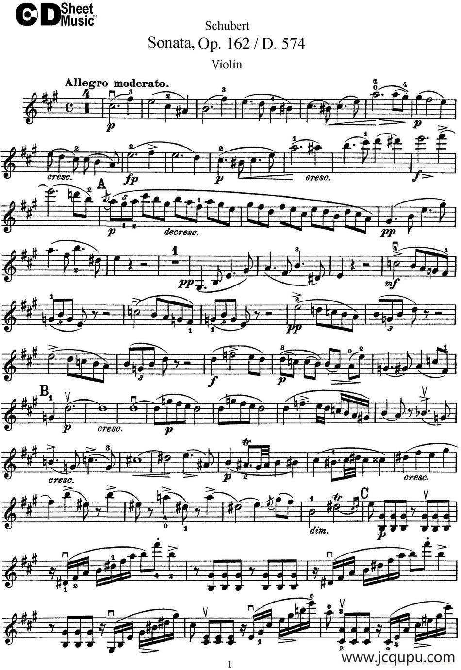 Violin Sonata in A major Op.162 D.574简谱