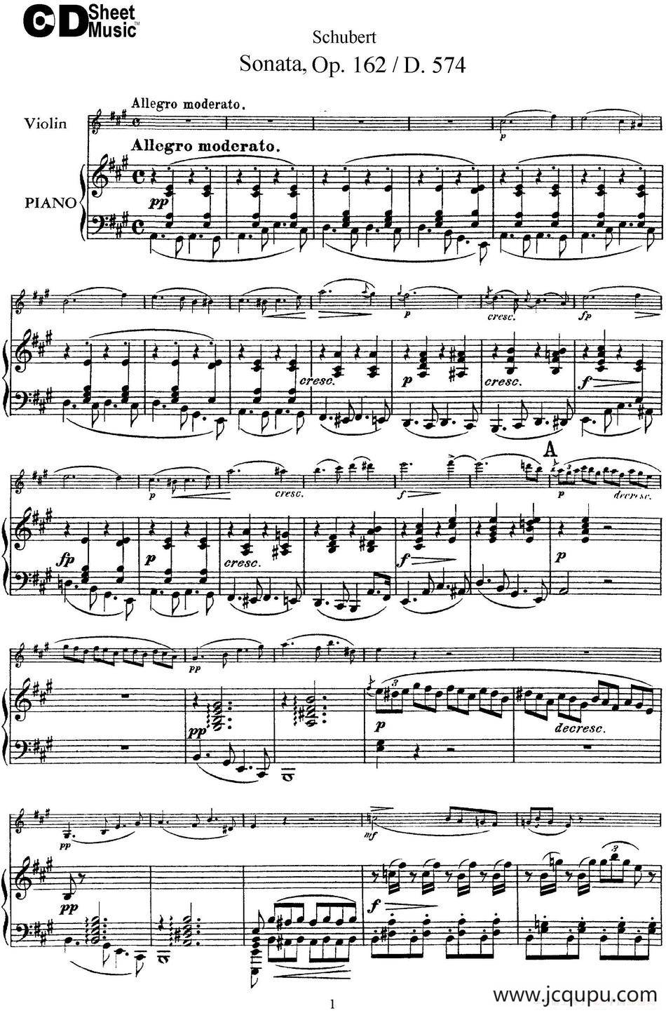 Violin Sonata in A major Op.162 D.574（小提琴+钢琴伴奏）简谱